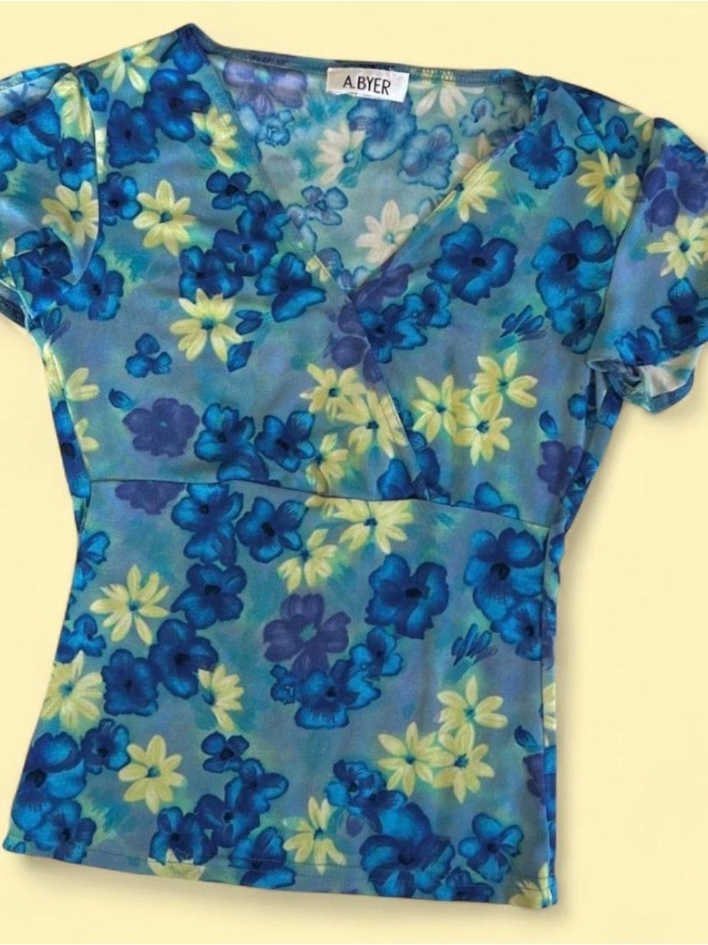 A. Byer Blue and Yellow Floral Women's Top